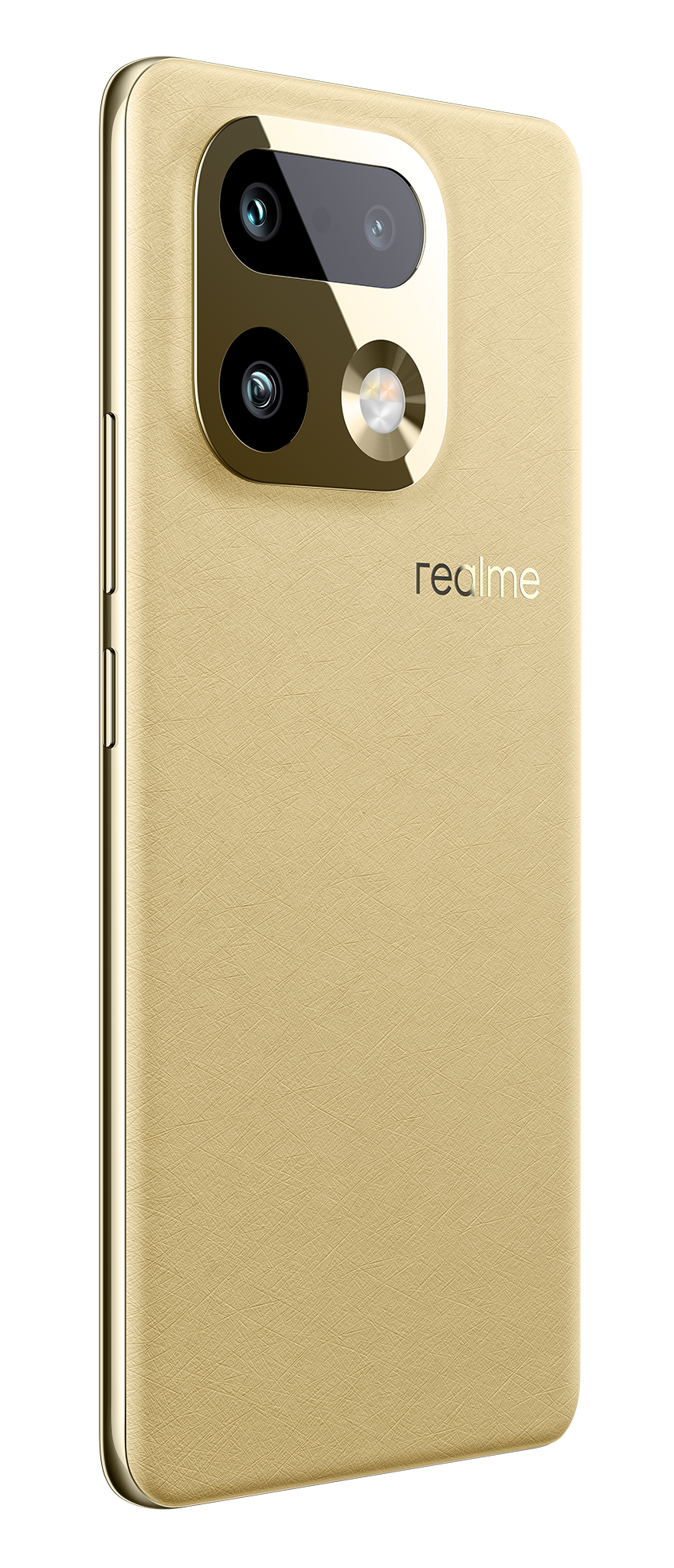 Złoty smartfon z prostokątnym modułem aparatu i logo Realme.