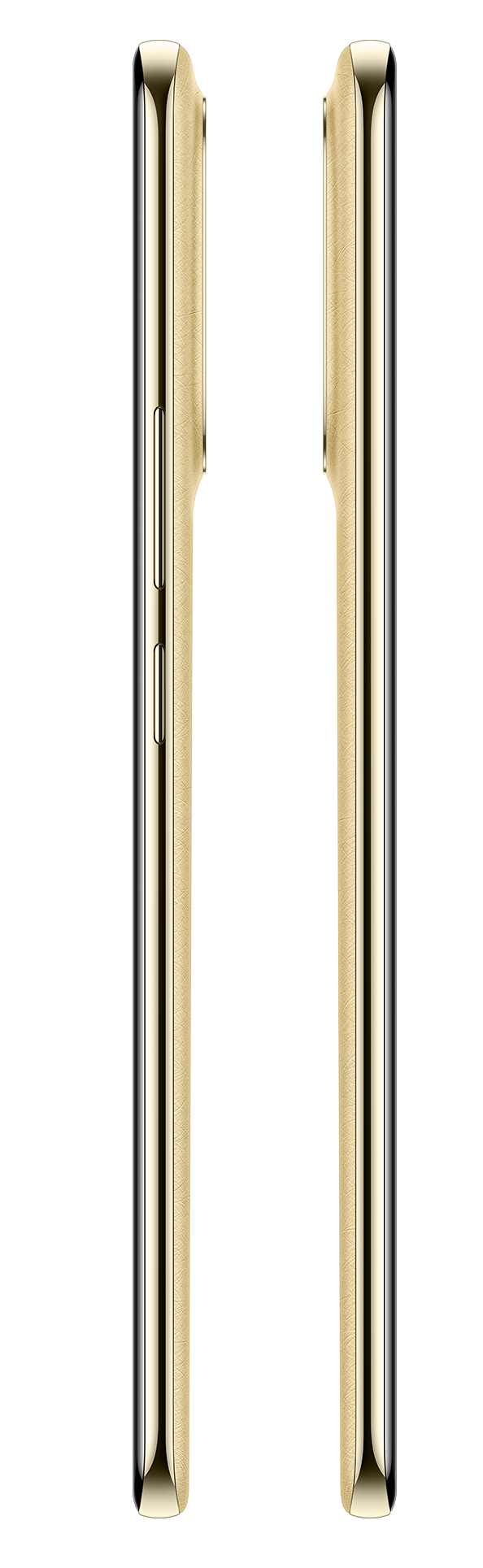 Dwa złote smartfony obok siebie, białe tło, czysty widok.