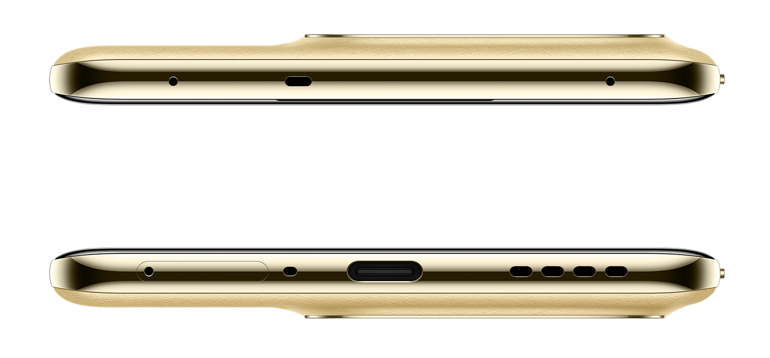 Złoty smartfon widok z boku pokazujący porty USB-C i otwory głośnikowe.