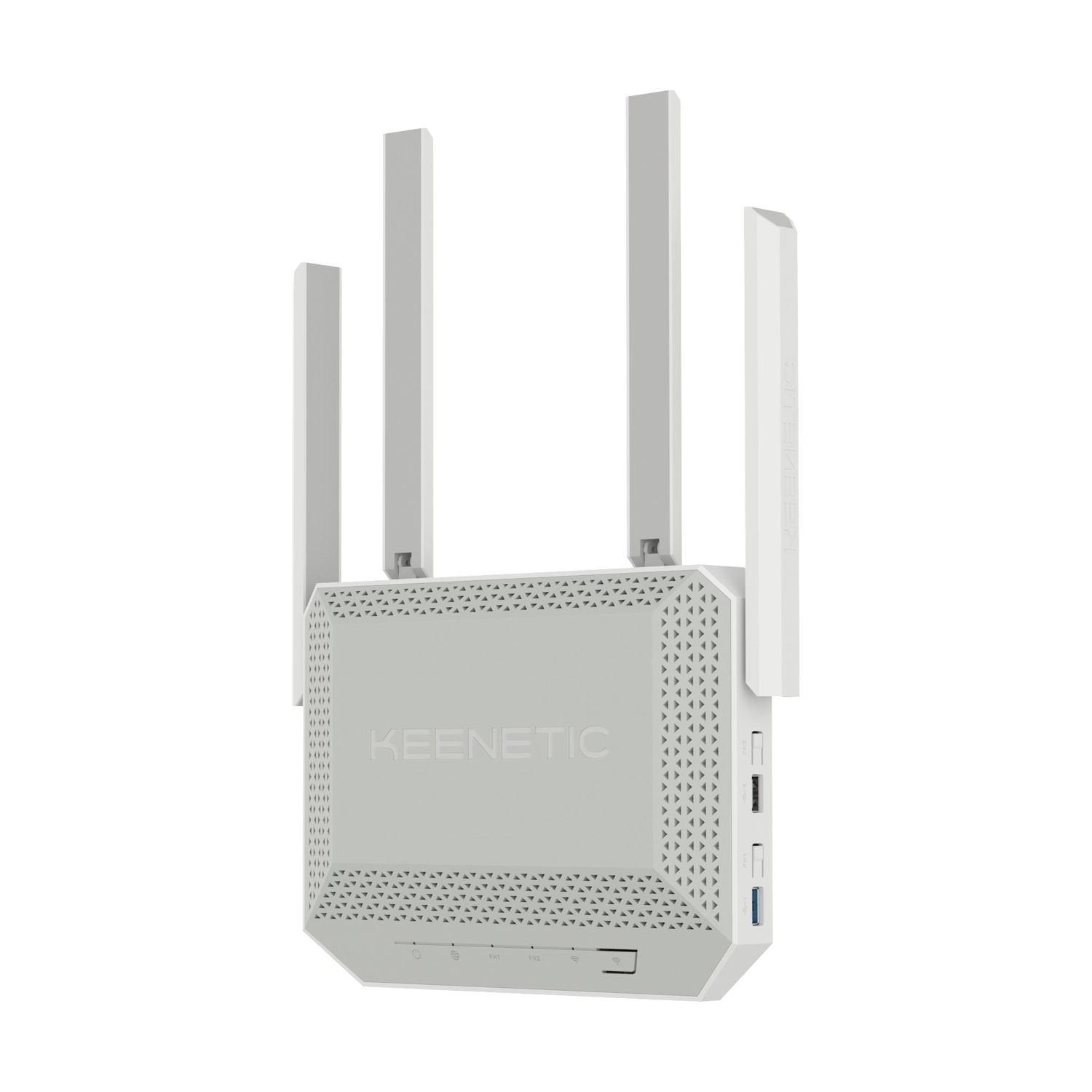 Un router Keenetic bianco con quattro antenne e porte USB.
