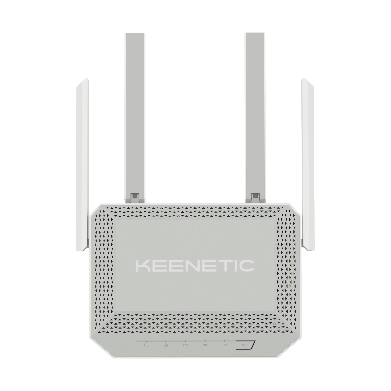 Un router Keenetic grigio con quattro antenne bianche è posizionato verticalmente su uno sfondo bianco, mostrando il logo e le spie.