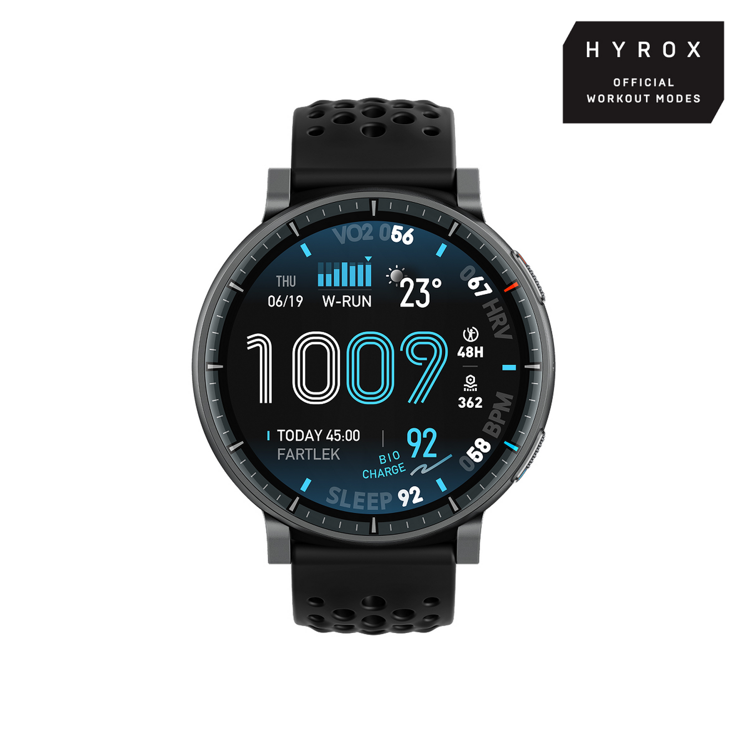Un reloj inteligente Hyrox negro muestra datos de VO2, FC, pasos y sueño. La pantalla muestra 23°C.