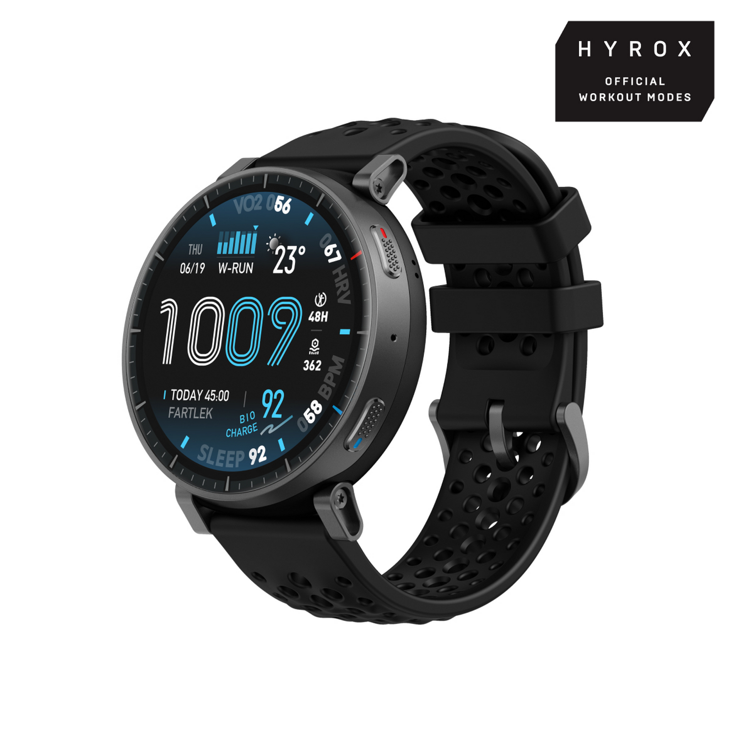 Reloj inteligente negro con datos de entrenamiento, logo HYROX.