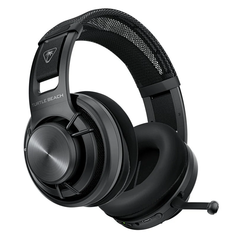 Auriculares gaming Turtle Beach negros con diadema de malla, orejeras redondas y micrófono retráctil sobre fondo blanco.