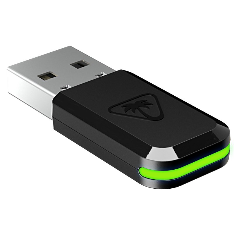 Dongle USB negro con logo de palmera y luz verde.