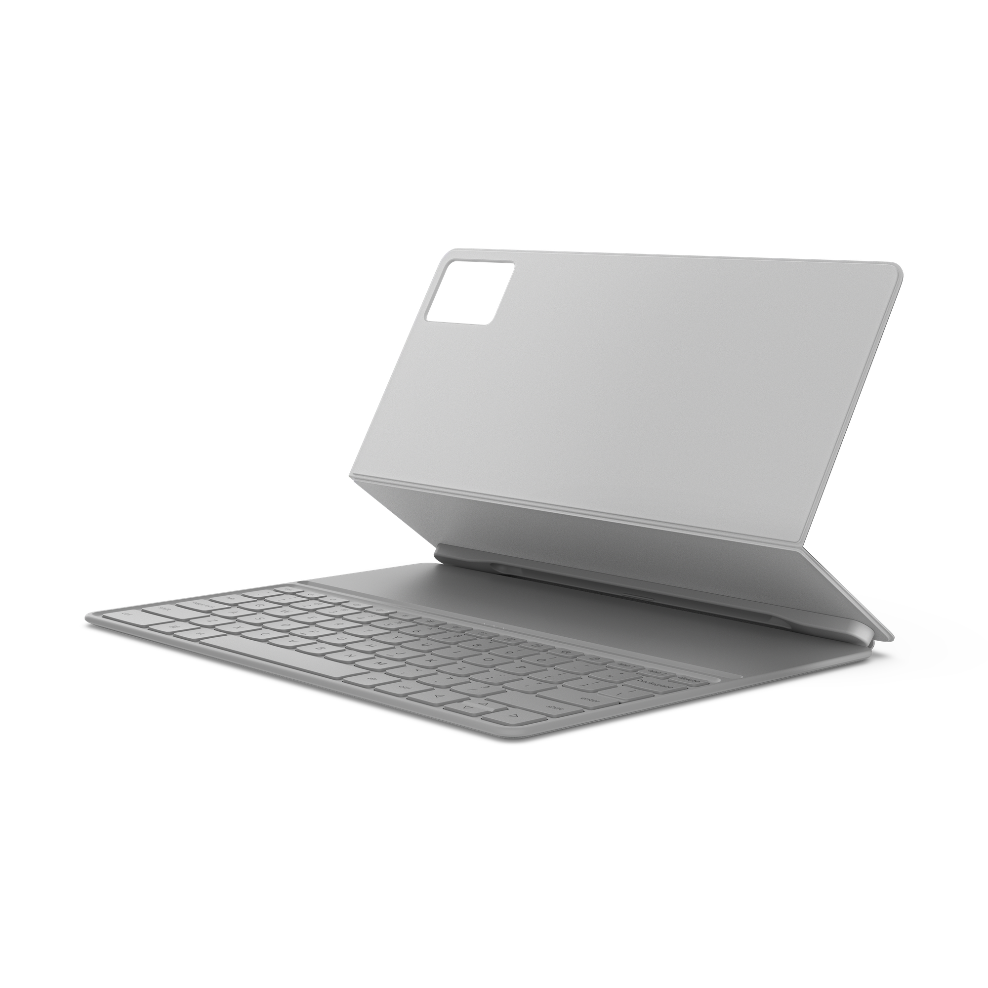 Una tableta gris claro con cubierta de teclado, sobre fondo negro.