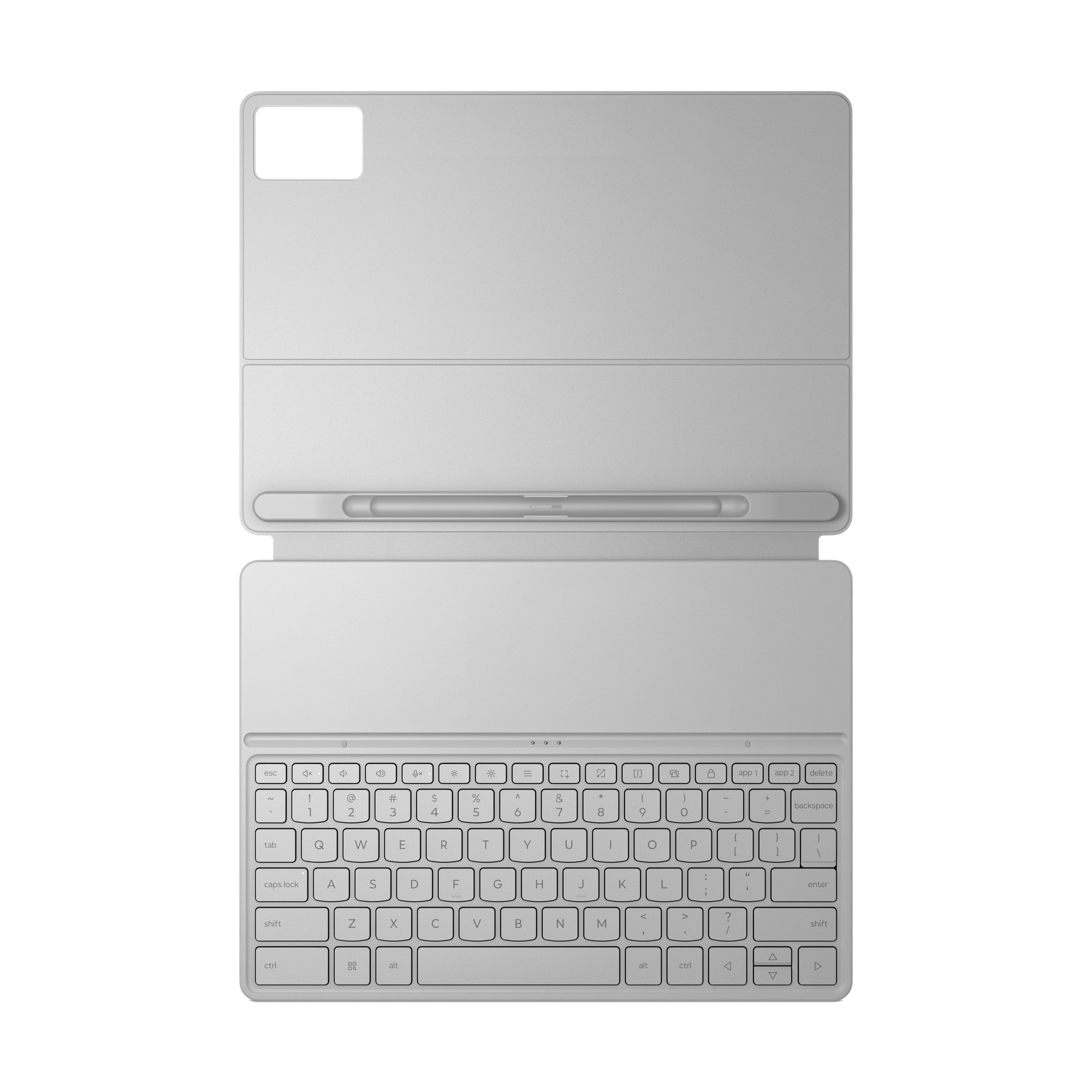 Una tableta plateada con teclado y lápiz adjuntos.