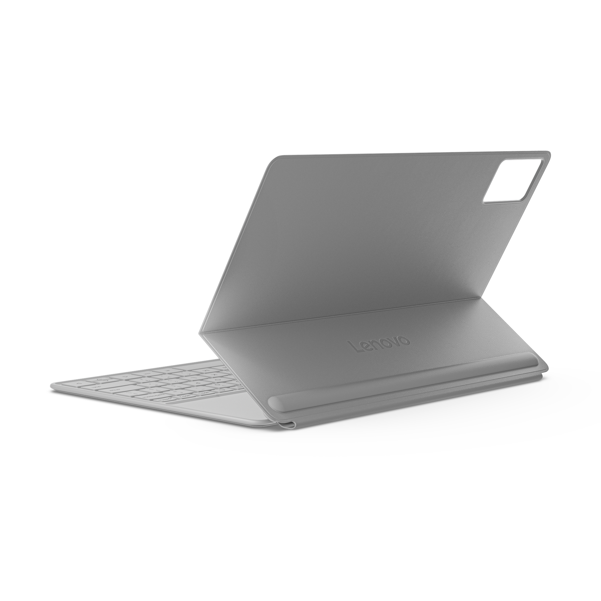 Tableta Lenovo gris con teclado y soporte para lápiz adjuntos.