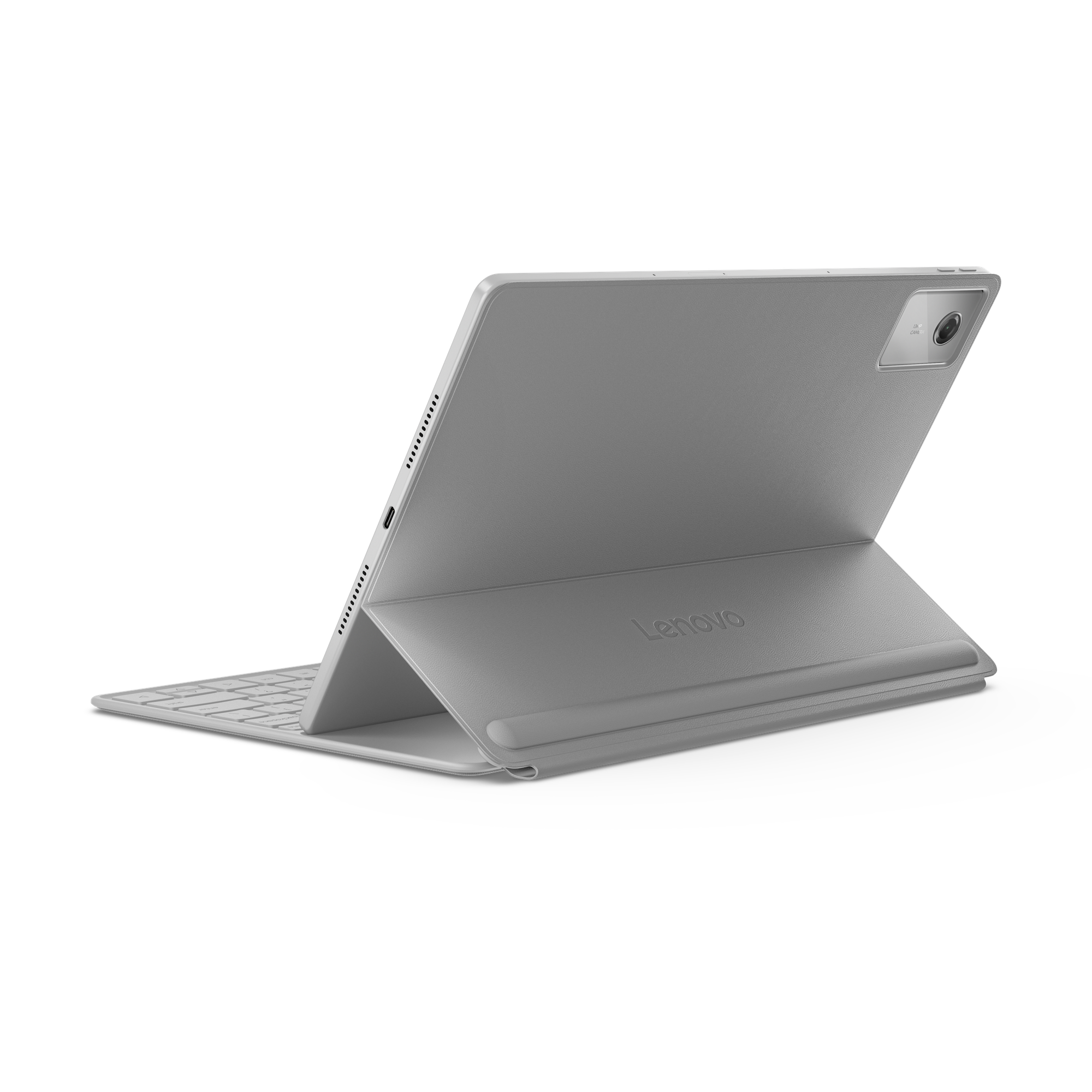 Una tablet Lenovo gris con teclado adjunto, vista desde atrás.