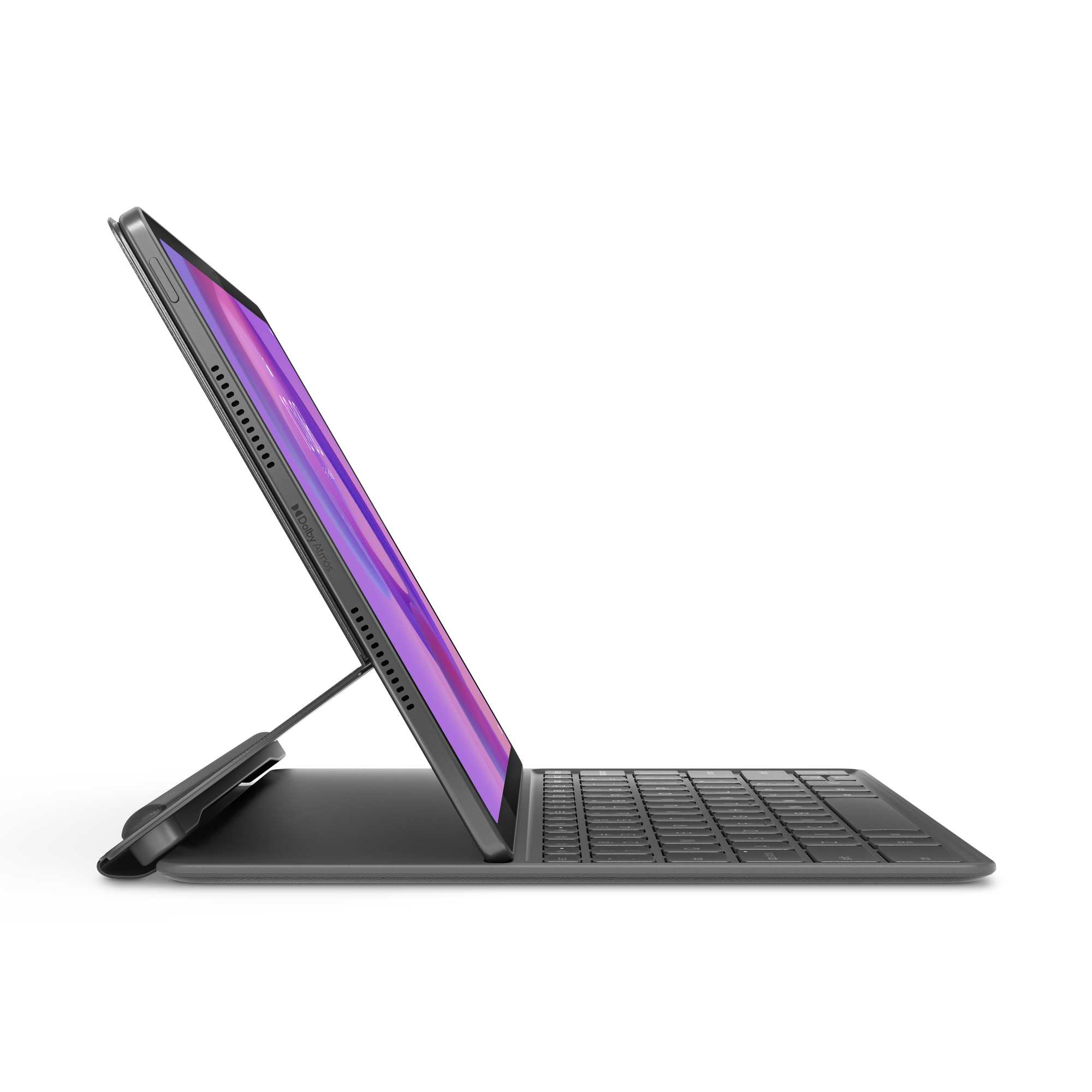 Una tablet gris con pantalla morada y rosa está inclinada sobre una funda de teclado gris oscuro, sobre un fondo negro.