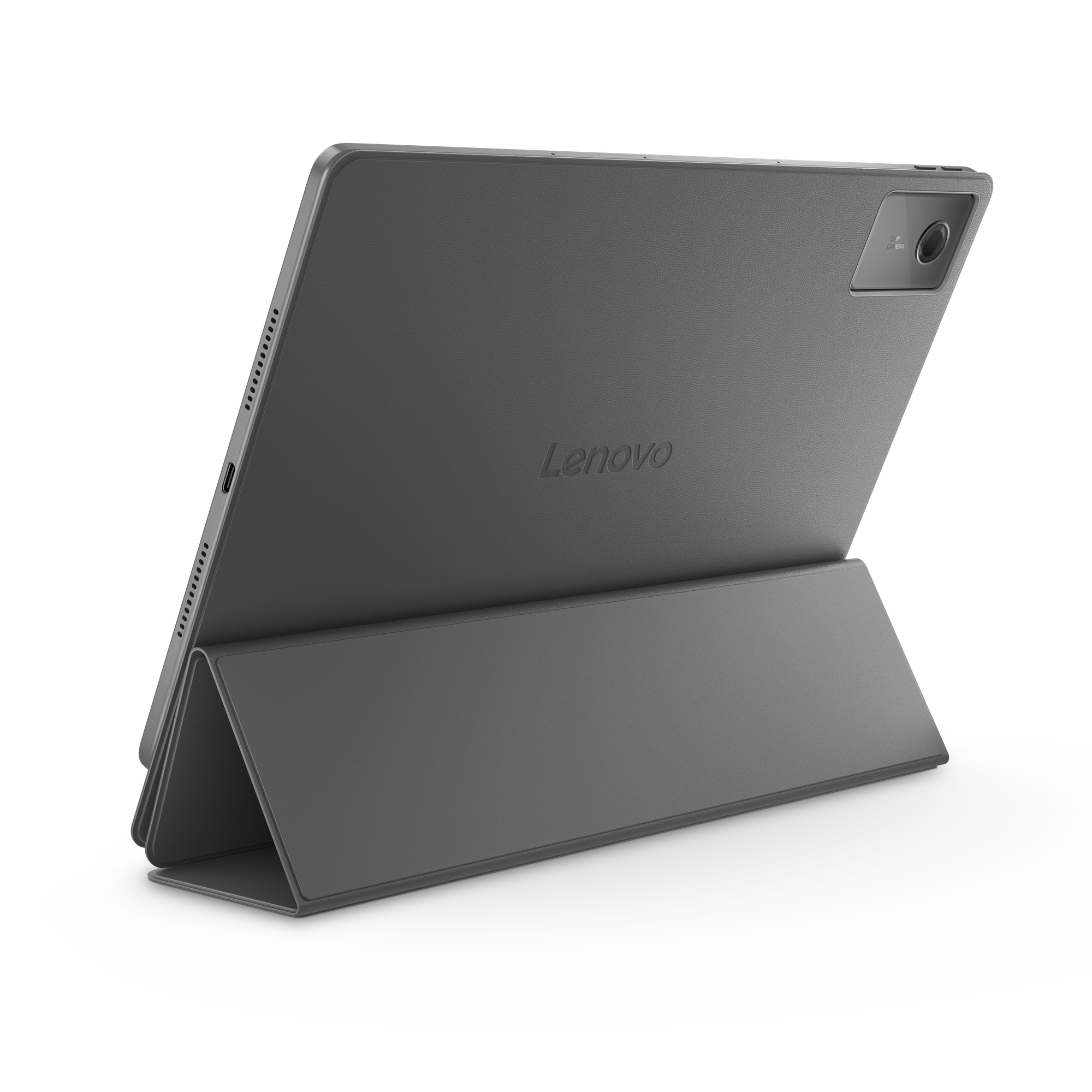 Tableta Lenovo gris con soporte, vista trasera con cámara y logo.