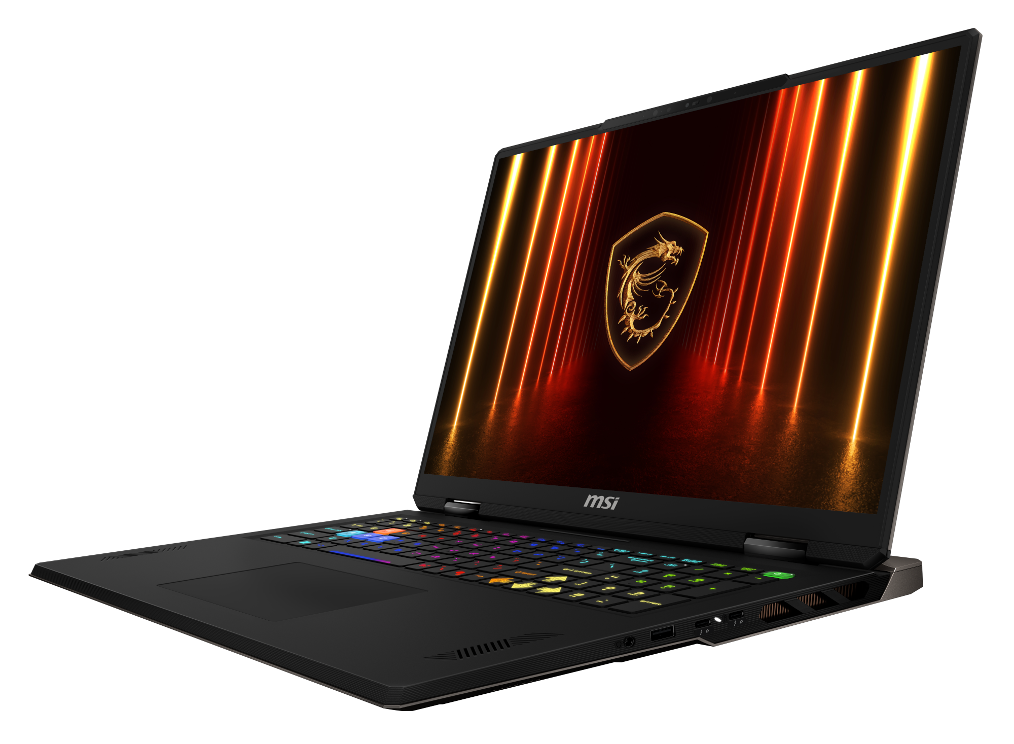 Czarny laptop gamingowy MSI z podświetlaną klawiaturą i logo smoka na ekranie.