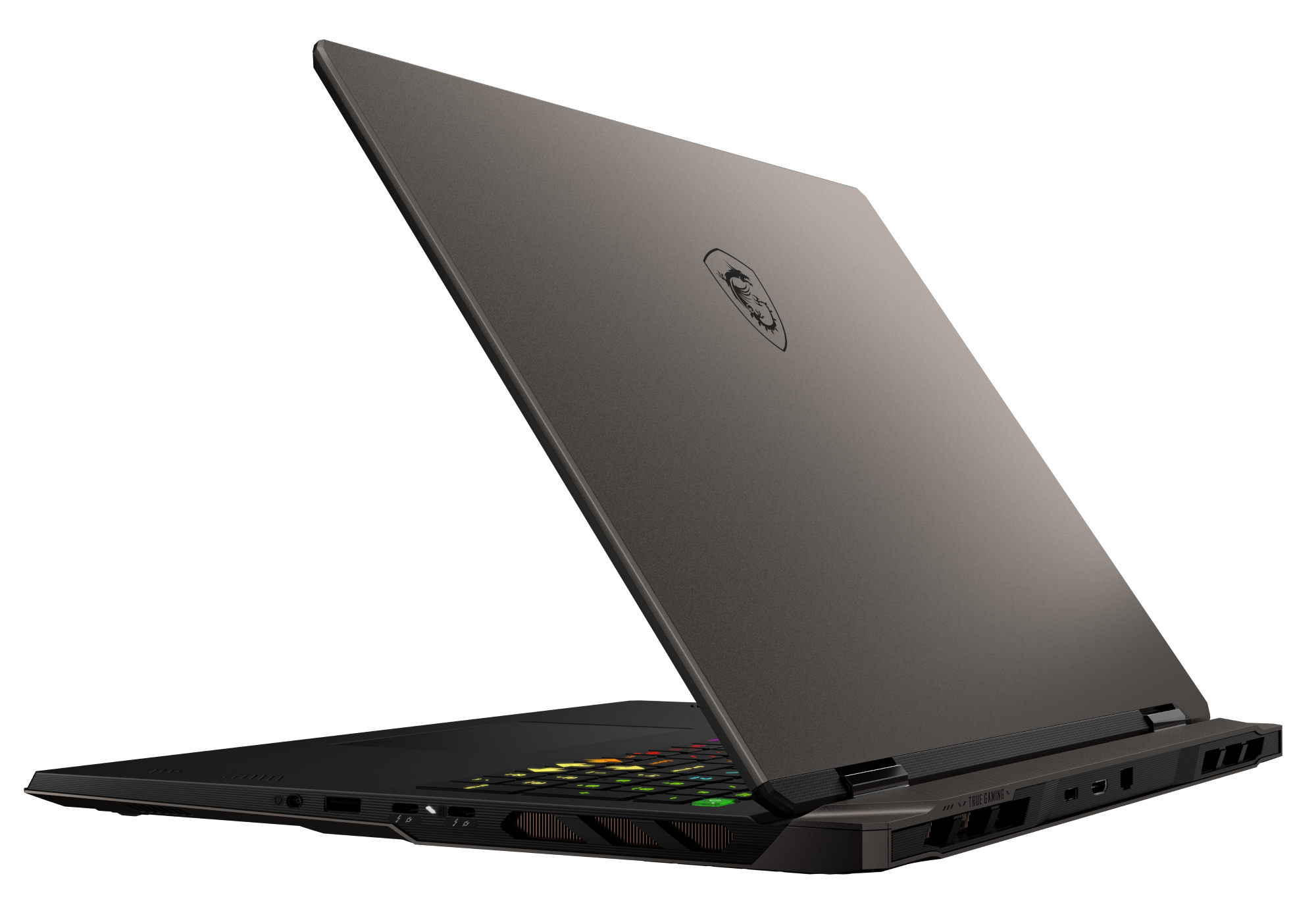 Zamknięty szary laptop z podświetlaną klawiaturą i logo smoka.