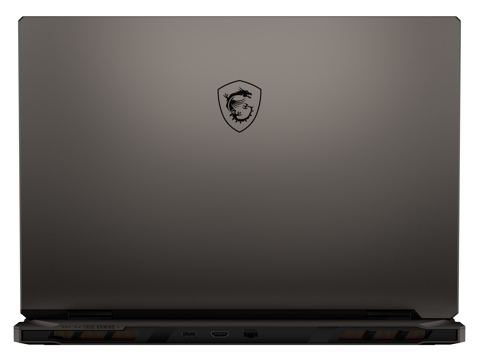 Zamknięty, ciemnoszary laptop MSI z emblematem smoka na pokrywie.