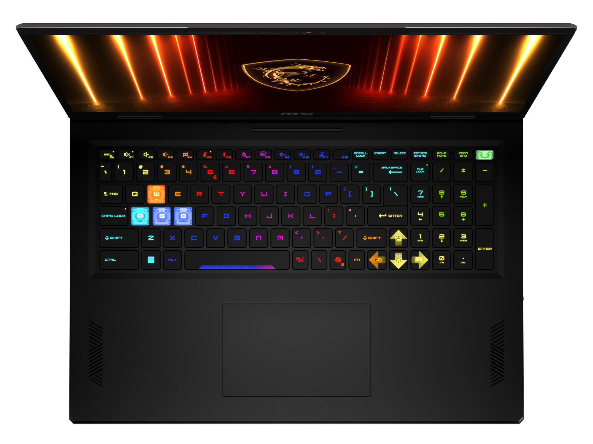 Otwarty laptop z podświetlaną klawiaturą i logo MSI na ekranie.