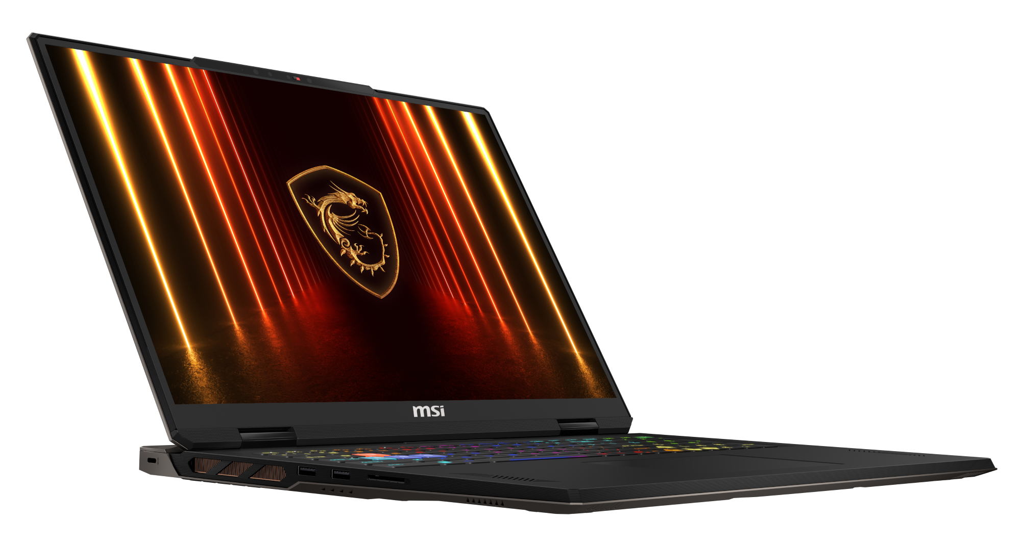 Otwarty laptop z podświetlaną klawiaturą i logo smoka na ekranie.