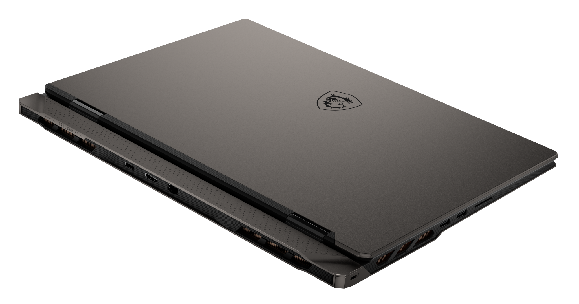 Zamknięty ciemny laptop z logo MSI, widoczne porty boczne i otwory wentylacyjne.