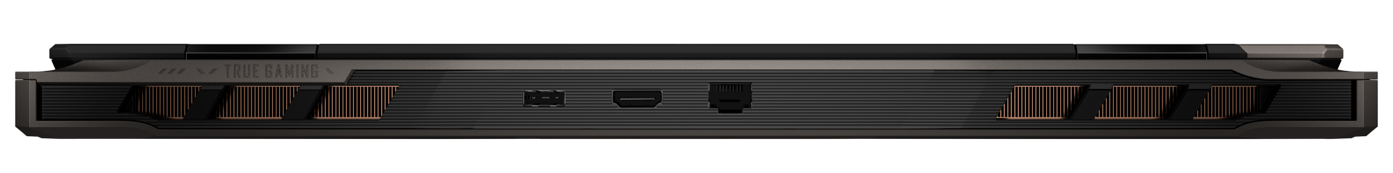 Tył laptopa z portami i otworami wentylacyjnymi.