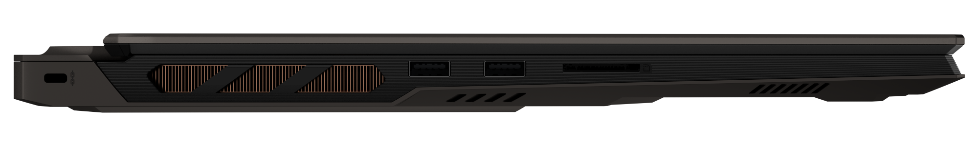 Widok z boku ciemnego laptopa z otworami wentylacyjnymi i portami USB.