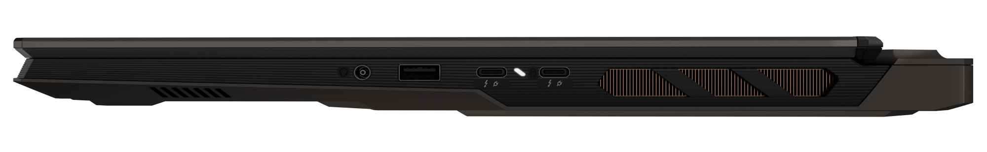 Bok ciemnego laptopa, pokazujący porty i otwory wentylacyjne.