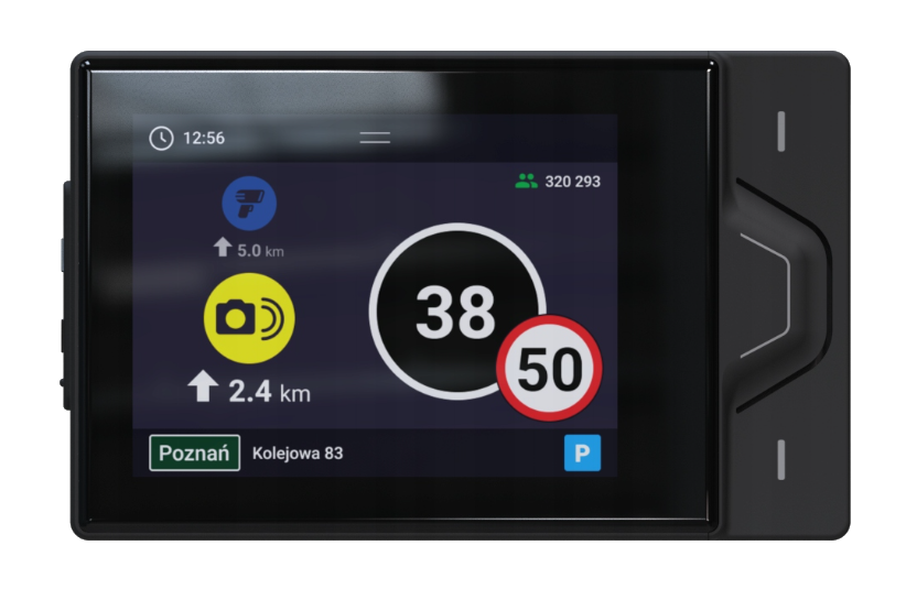 Nawigacja: 38 km/h, limit 50 km/h, kamera, dystans 5km/2.4km.