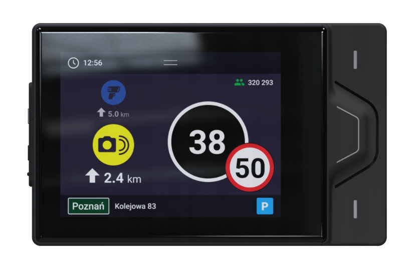 Nawigacja pokazuje 38 km/h, strefa 50, kamera, 5 km i 2.4 km.