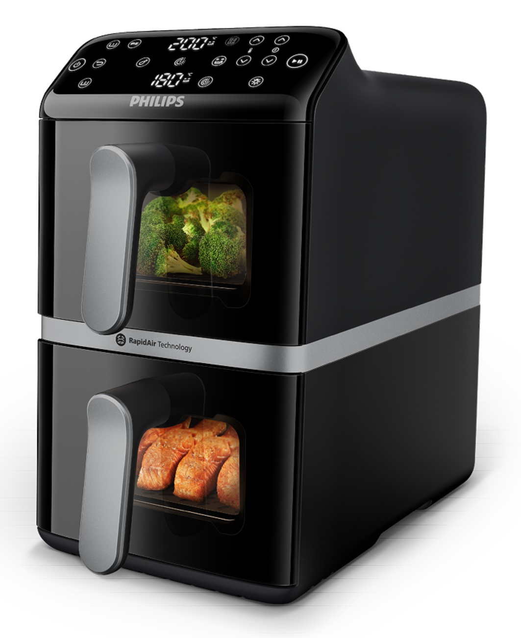 Czarna frytkownica beztłuszczowa Philips z dwiema szufladami, wypełniona brokułami i łososiem.