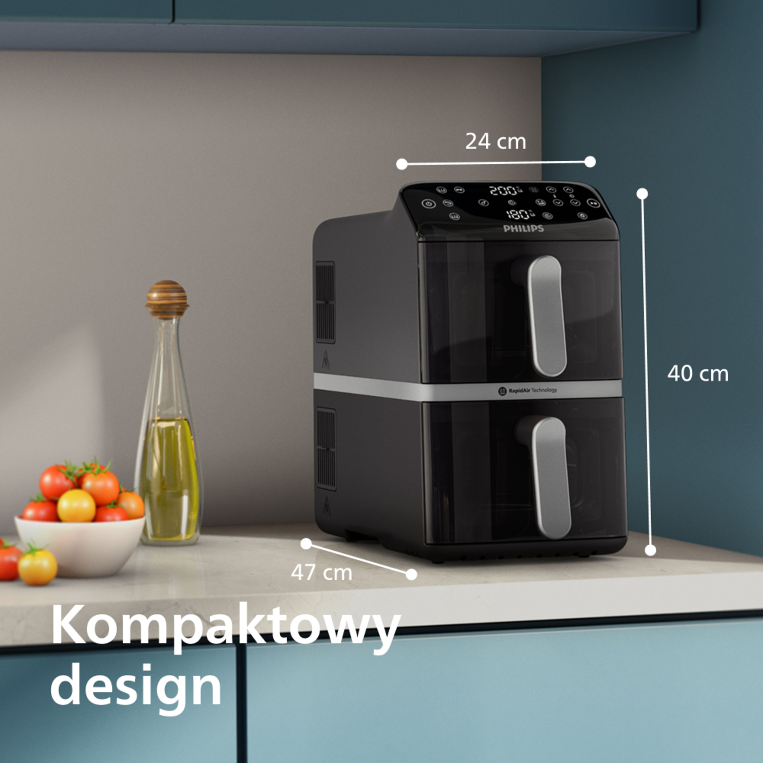 Czarna frytkownica Philips z 2 szufladami, wymiary 24x47x40cm.