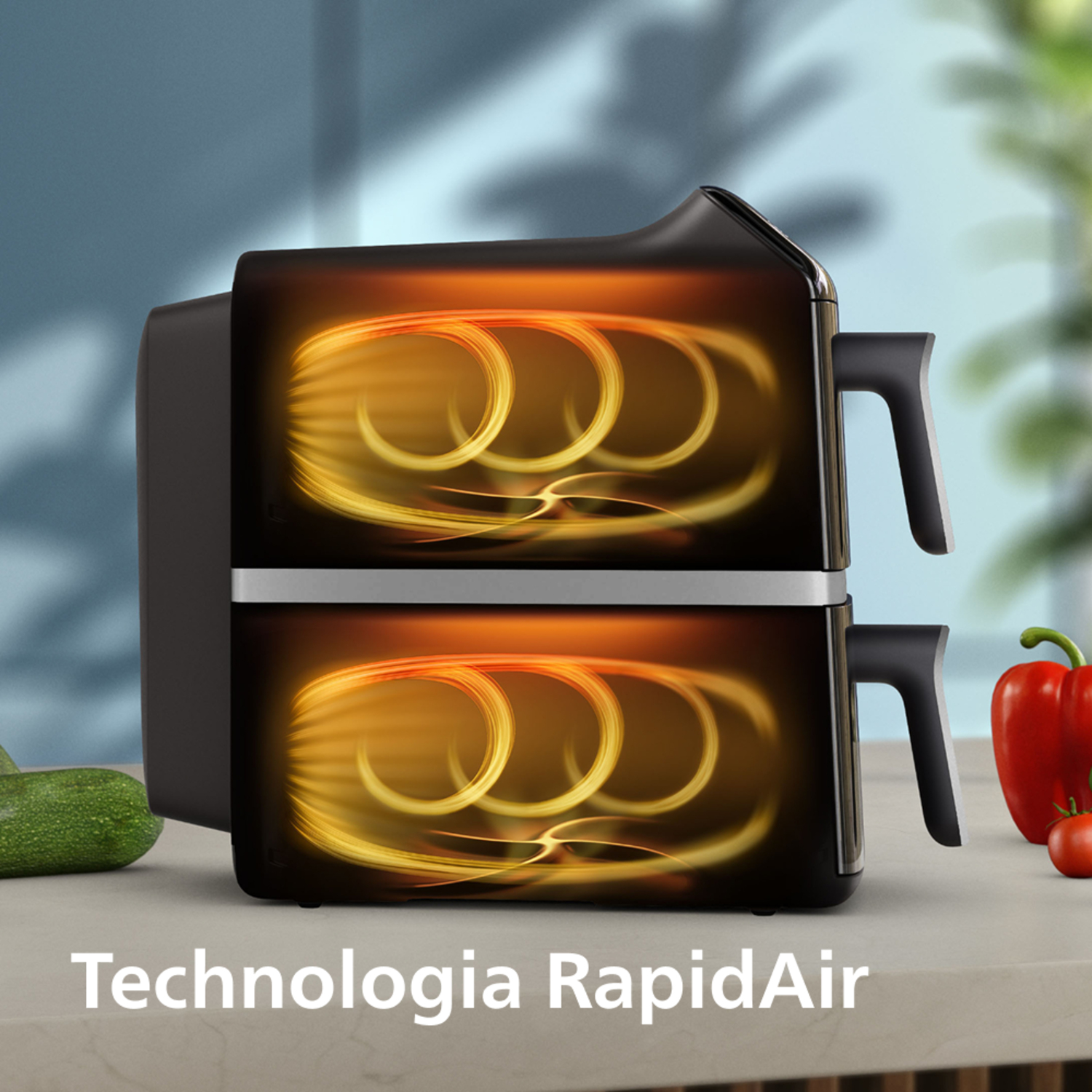 Dwupoziomowa czarna frytkownica na gorące powietrze ze świecącymi prądami powietrza.