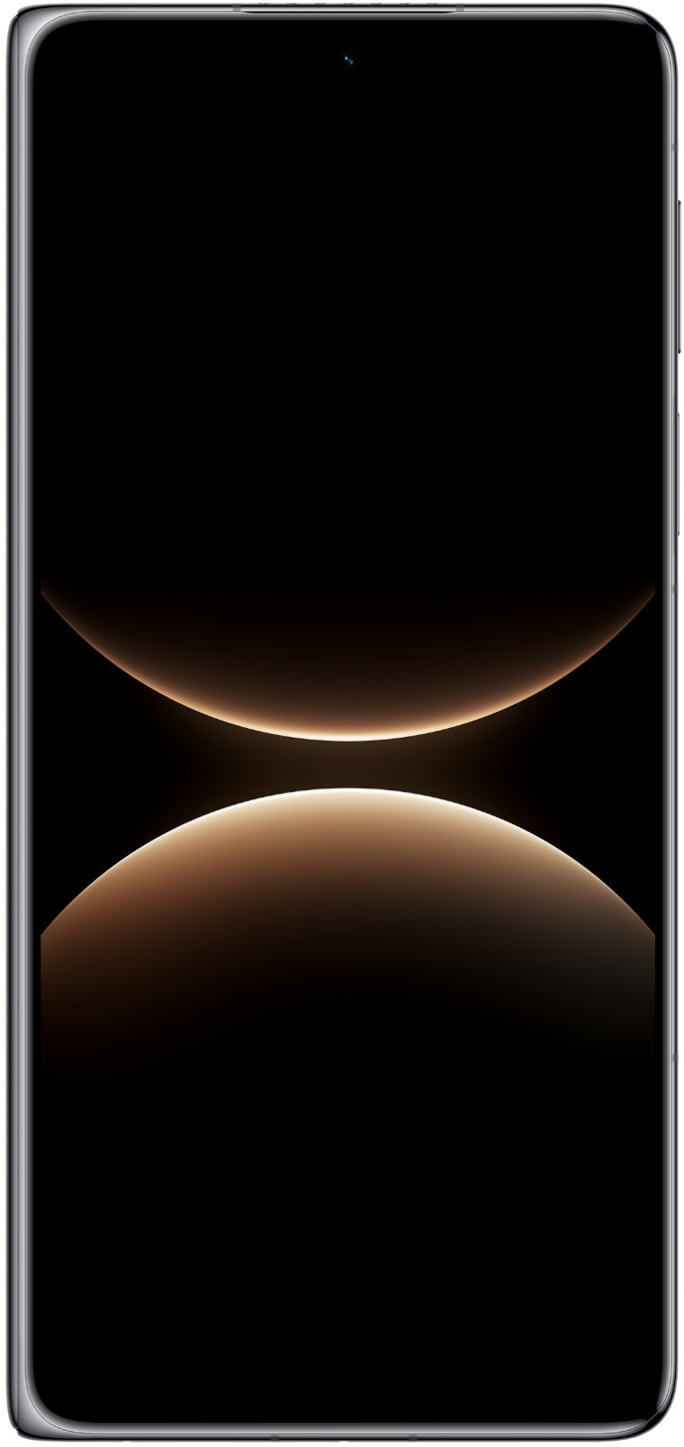 Czarny ekran smartfona z dwoma świecącymi złotymi łukami.