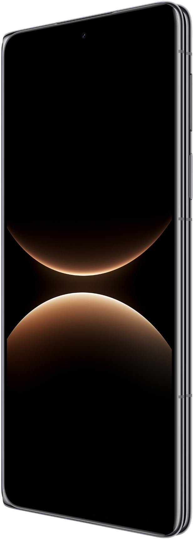 Czarny smartfon z srebrnymi krawędziami i abstrakcyjnym pomarańczowym światłem.