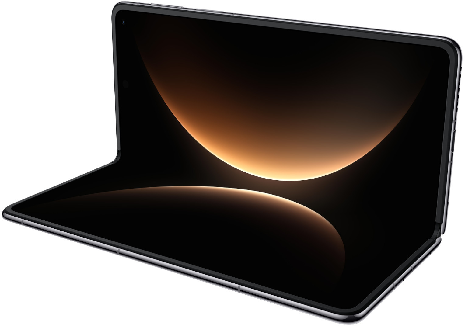 Rozłożony składany smartfon z ciemnym ekranem i pomarańczowym światłem.