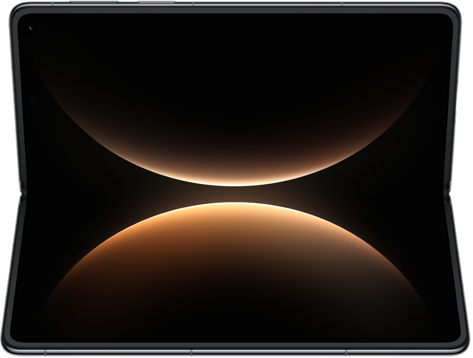 Rozłożony smartfon z ciemnym ekranem i pomarańczowymi odbiciami światła.