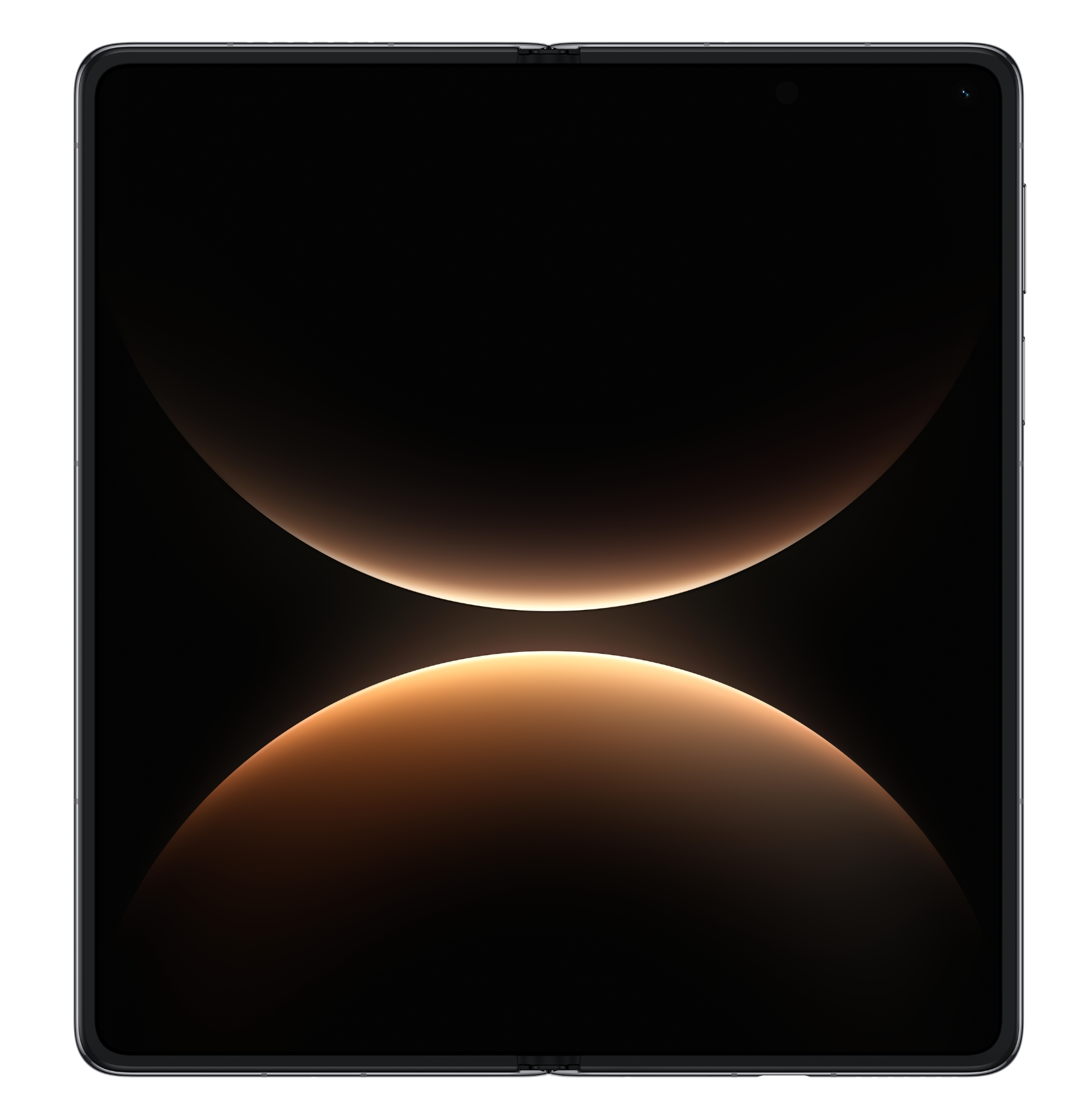 Zamknięty składany telefon wyświetla ciemny ekran z błyszczącymi pomarańczowymi łukami.