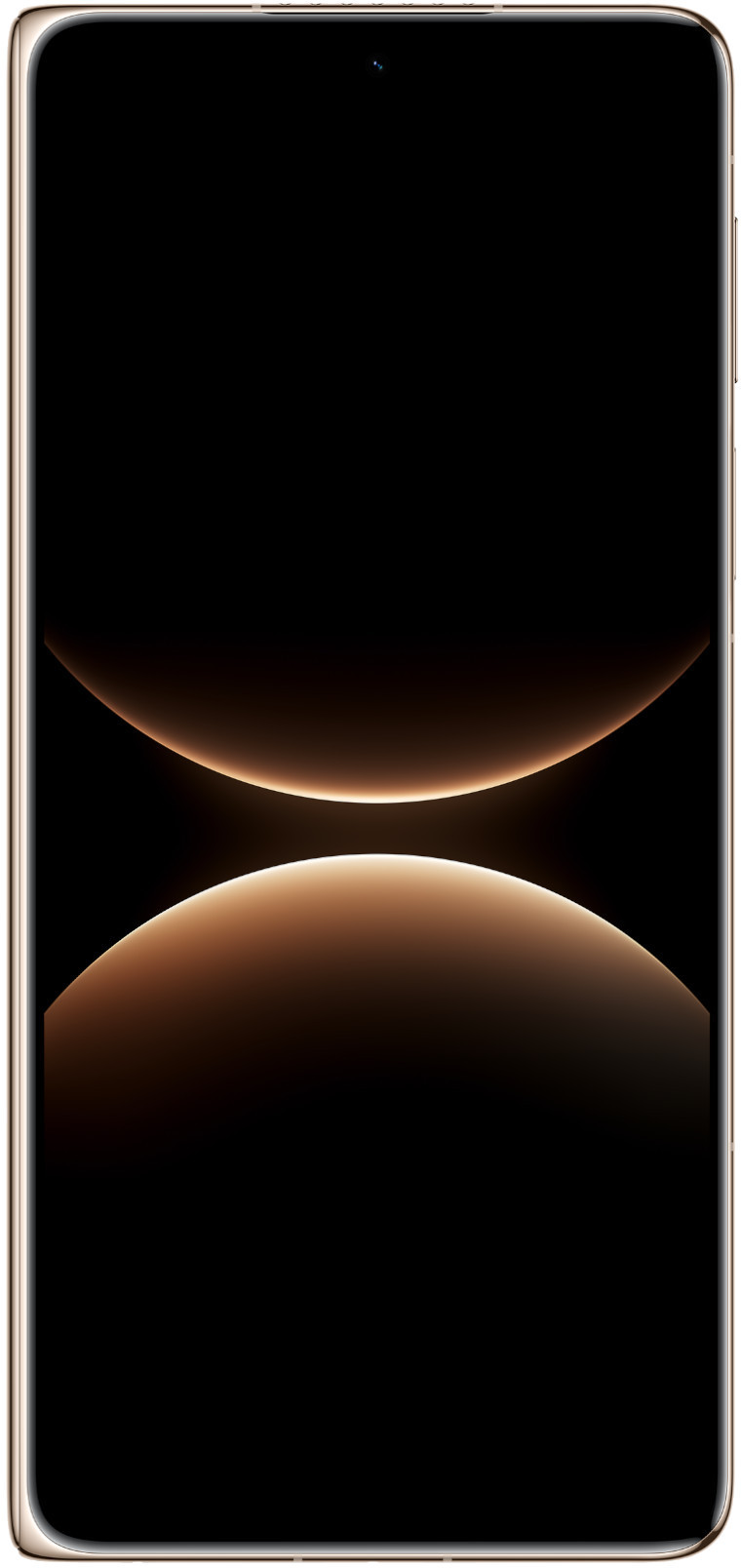 Złota ramka smartfona z czarnym ekranem ukazującym dwie podświetlone, zakrzywione kształty.