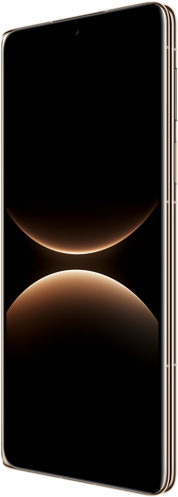 Złota ramka smartfona z czarnym ekranem i świecącymi krzywiznami.
