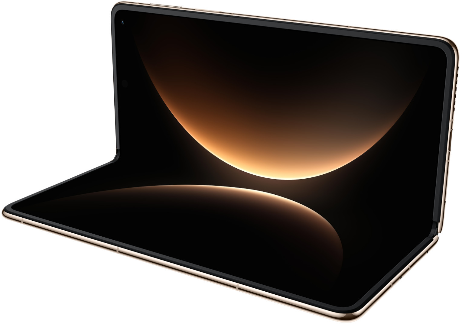 Złoty składany smartfon z ciemnym ekranem i złotym efektem świetlnym.