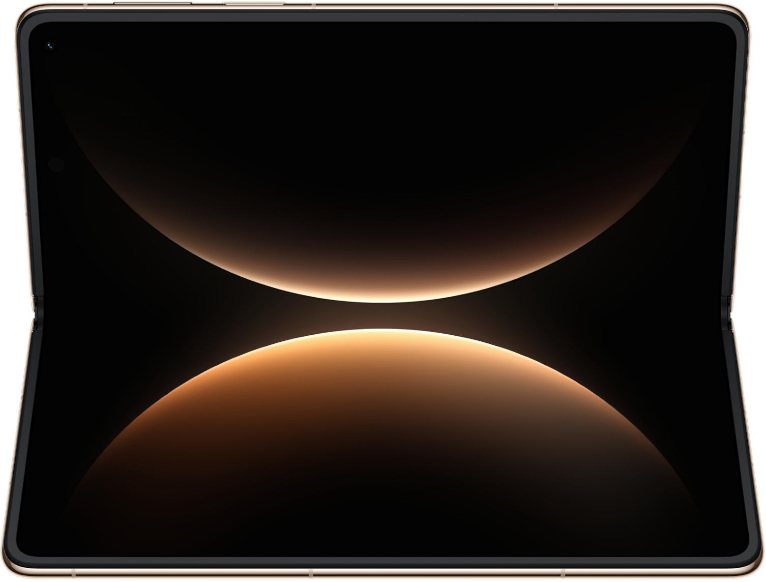 Rozłożony smartfon z ciemnym ekranem i złotymi efektami świetlnymi.