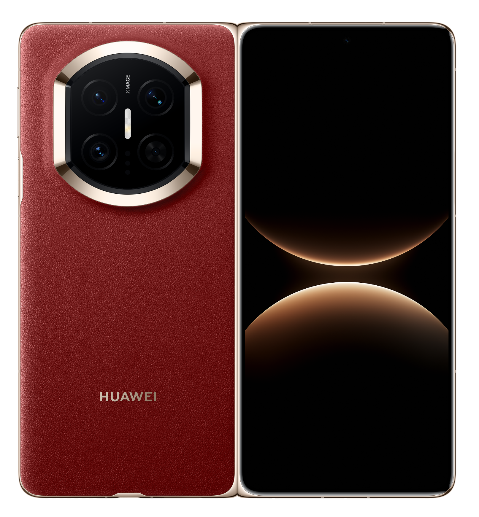 Czerwony smartfon ze złotą ramką i aparatem. Logo Huawei.