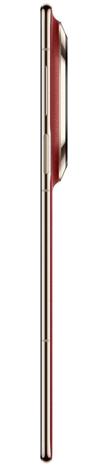 Widok z boku smartfona z czerwonym skórzanym paskiem i złotym wykończeniem.