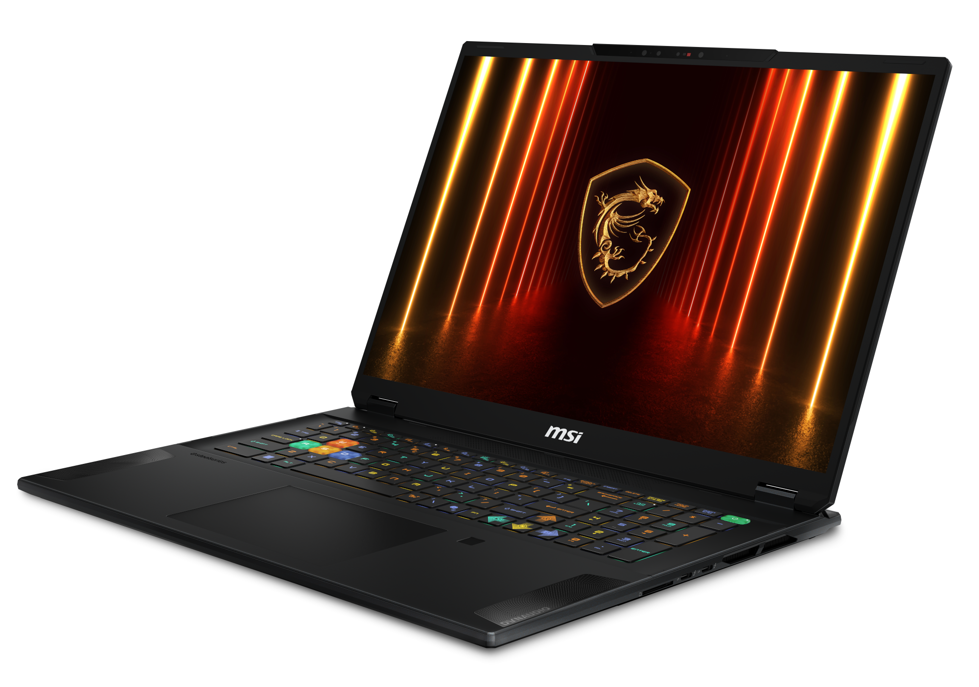 Czarny laptop MSI z logo smoka na ekranie i kolorową klawiaturą.