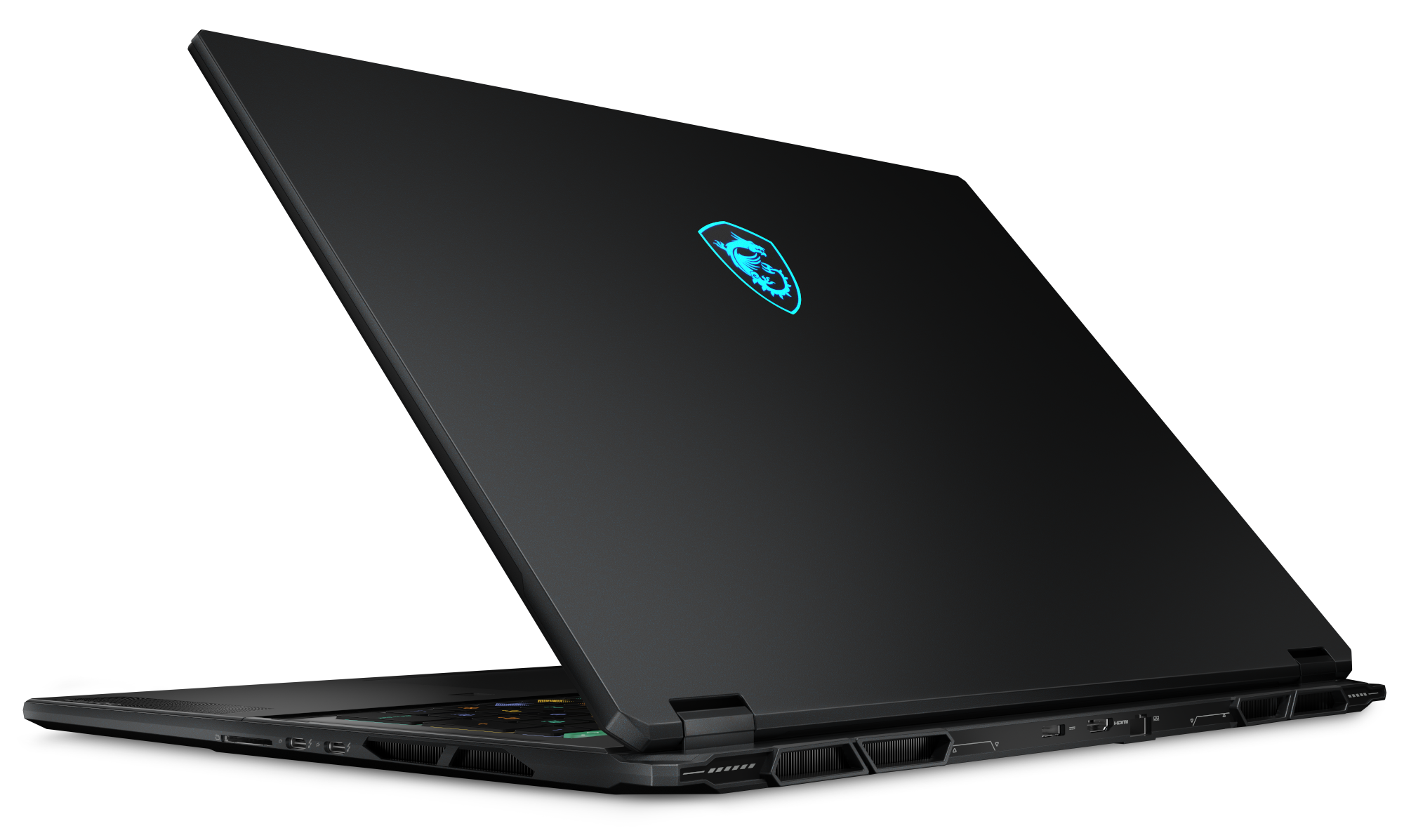 Czarny laptop z świecącym niebieskim logo MSI na pokrywie.