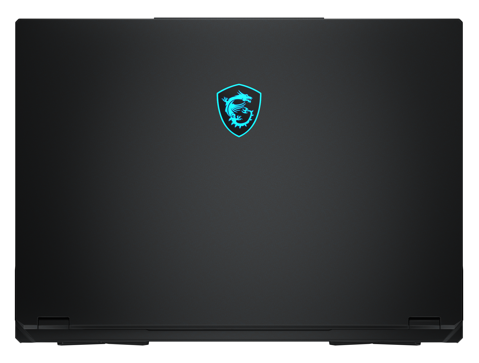 Czarny laptop z podświetlanym na niebiesko logo smoka MSI na pokrywie.