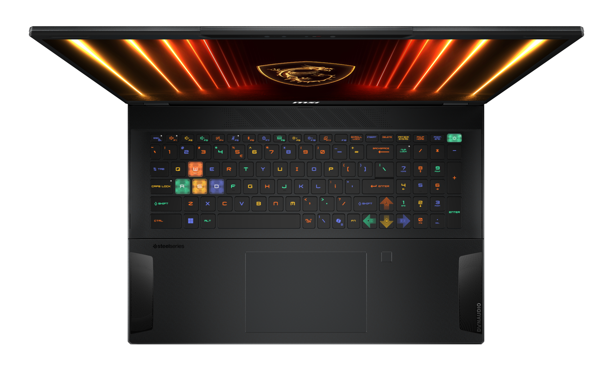 Otwarty laptop z podświetlaną klawiaturą i logo MSI na ekranie.