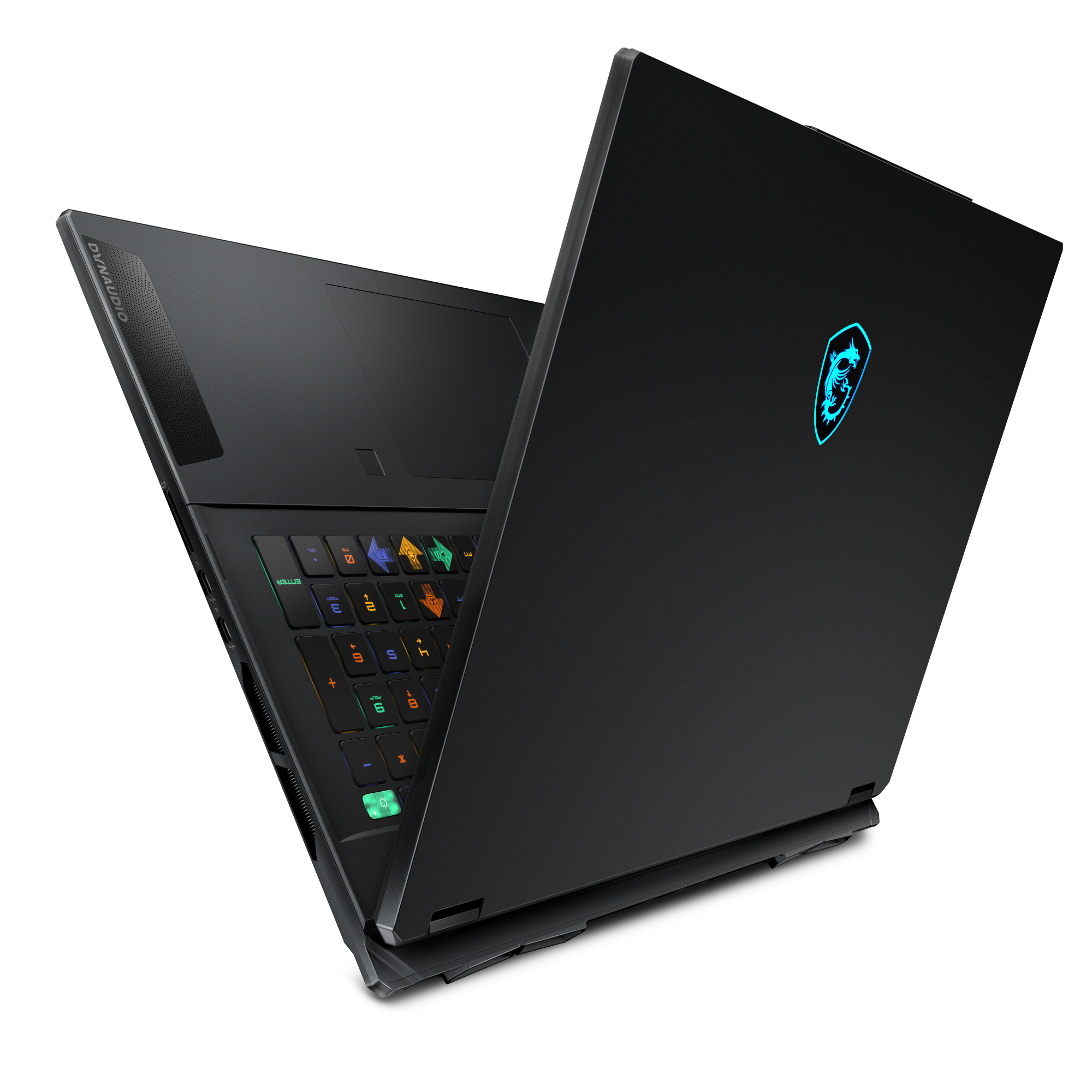 Czarny laptop z podświetlaną klawiaturą i logo smoka na pokrywie.