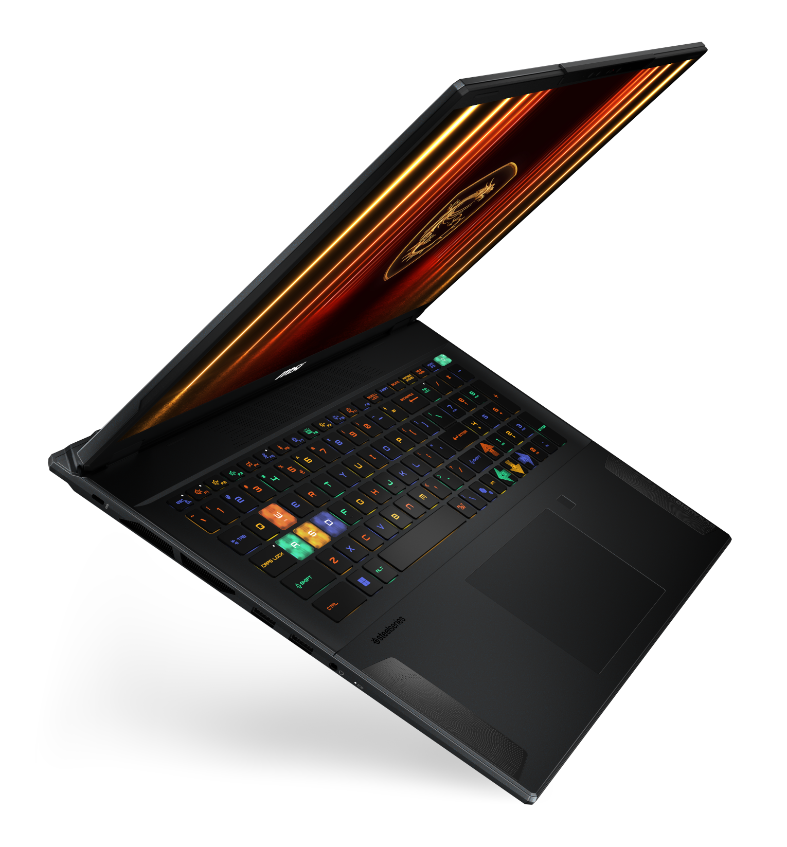 Czarny laptop z podświetlaną klawiaturą i logo smoka na ekranie.