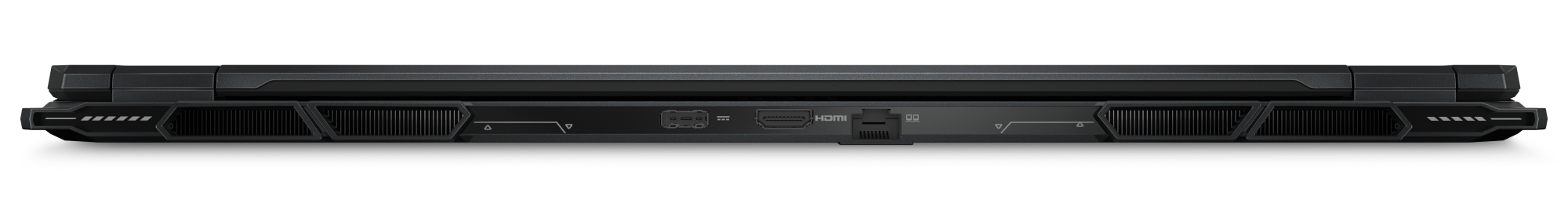 Czarna obudowa laptopa z widocznymi portami HDMI, USB i sieciowymi.