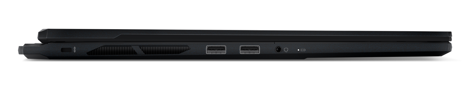 Czarny bok laptopa z dwoma portami USB, gniazdem słuchawkowym i wskaźnikiem ładowania.