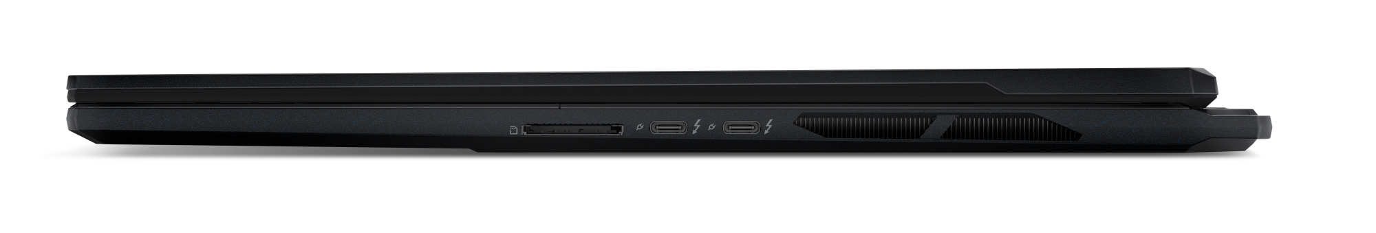 Bok czarnego laptopa z portami: USB-C, Thunderbolt i kratką wentylacyjną.