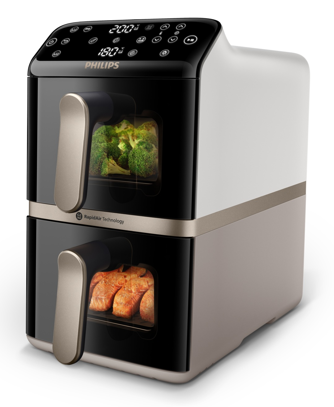 Podwójna frytkownica beztłuszczowa Philips z brokułami na górze i łososiem na dole.